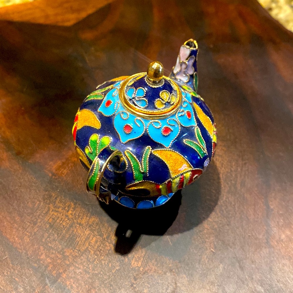 2.5" cloisonné teapot w/ removable lid (functional) enamel and copper - Picture 2 of 6